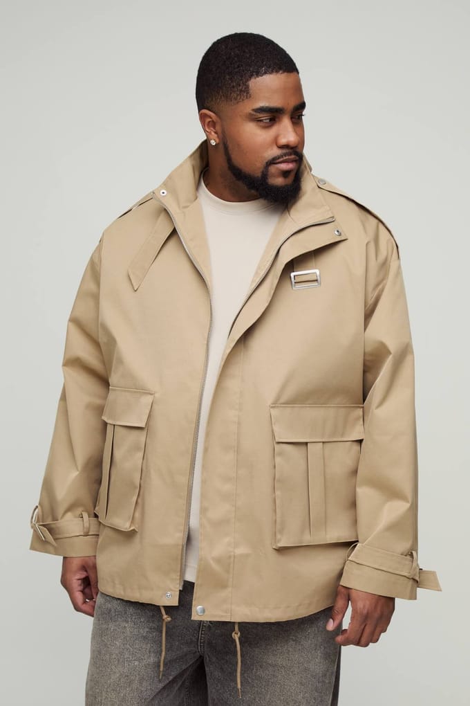 Plus Oversized Boxy Cargo Trench Coat | Stone | Size 2XL