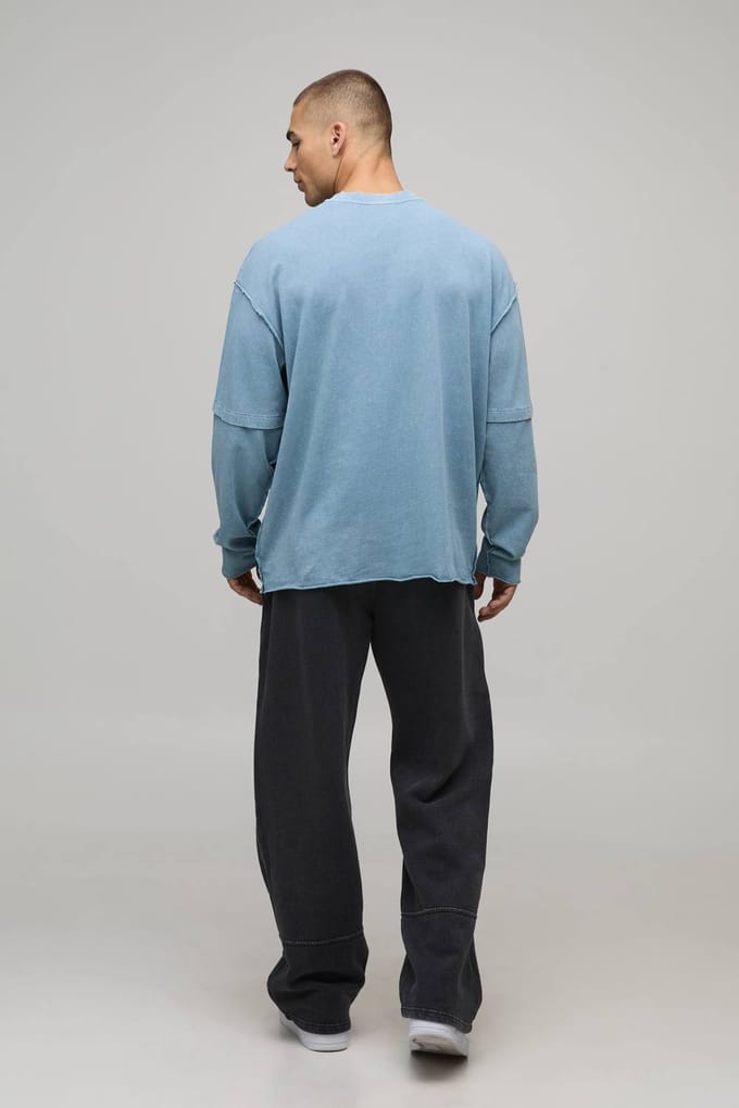Oversized Gewassen Zwaargewicht Zichtbare Naden Faux Laag T-Shirt | Dusty Blue | Size Medium