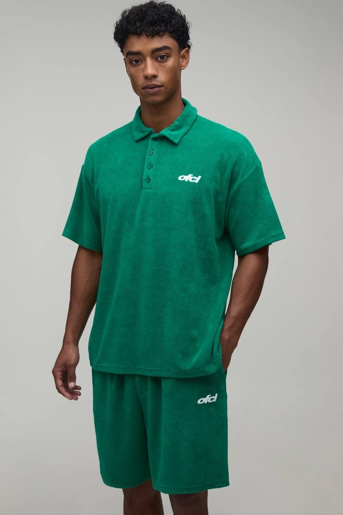 Oversized Towelling Polo & Baggy Short Set | Dark Green | Size Medium