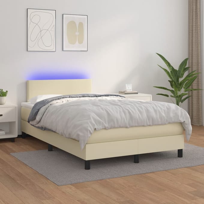 vidaXL - Boxspring - met - matras - en - LED - kunstleer - crèmekleurig - 120x200 - cm