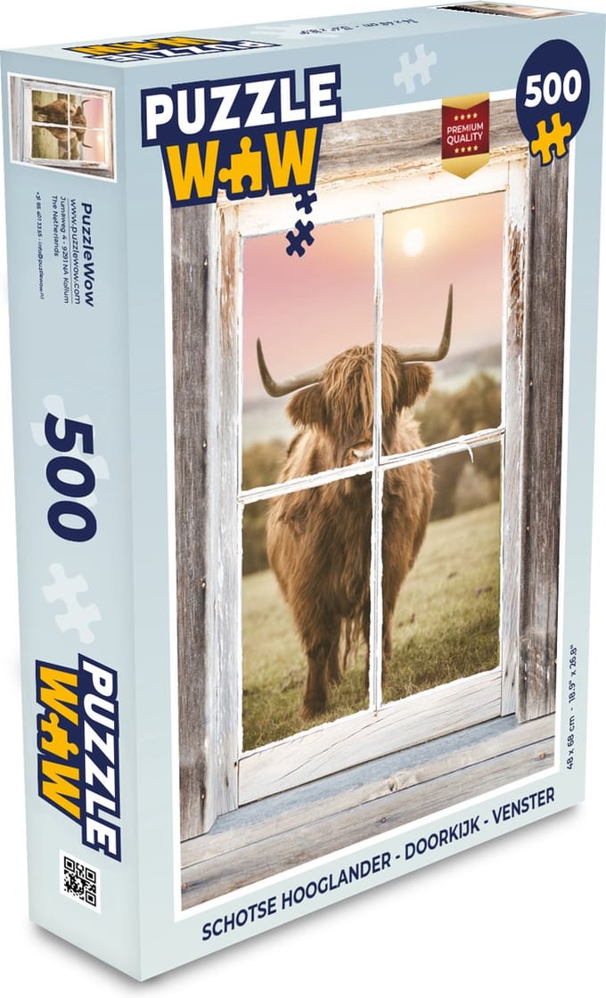 Puzzel Schotse hooglander - Doorkijk - Venster - Legpuzzel - Puzzel 500 stukjes