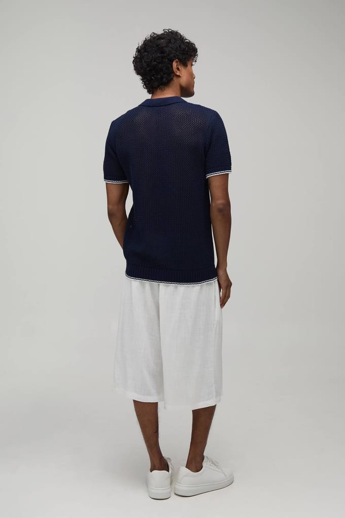 Regular Fit Contrast Open Stitch Knitted Polo T-Shirt | Navy | Size 2XL