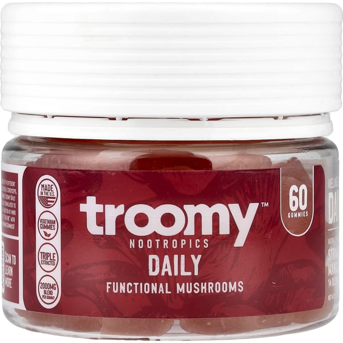 Troomy Nootropics, Dagelijks, Functionele Paddenstoelen Gummies, Aardbei Mango, 60 Gummies, 270 g (270 g)