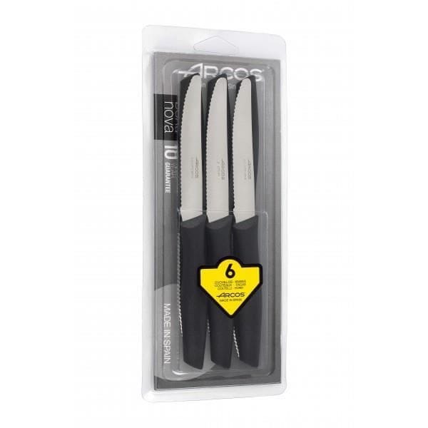 Messenset - ARCOS - 6 messen - Micro-getande bladen 11cm - Roestvrij staal - Zwarte PP handvatten