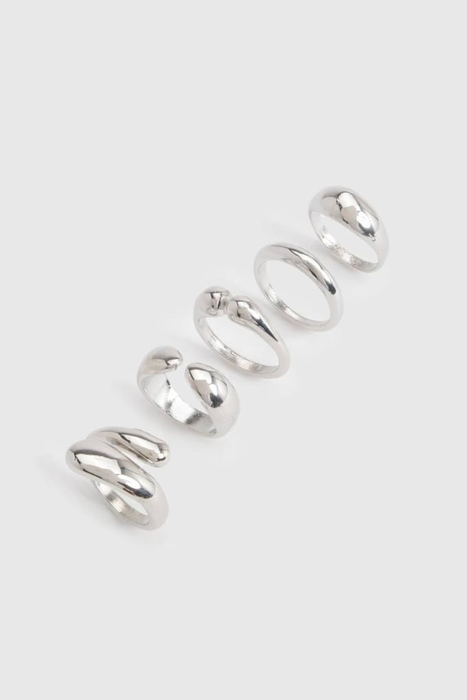 boohoo Dames Zilverkleurige Chunky Abstract Ringen 5-pack | Maat: Small/Medium