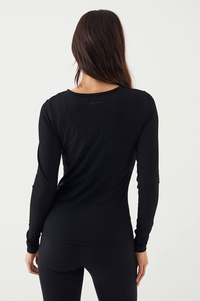 Dames DSGN Studio Ultra Sculpt Geribbelde Doorknoop Top met Lange Mouwen | Zwart | Maat: Medium