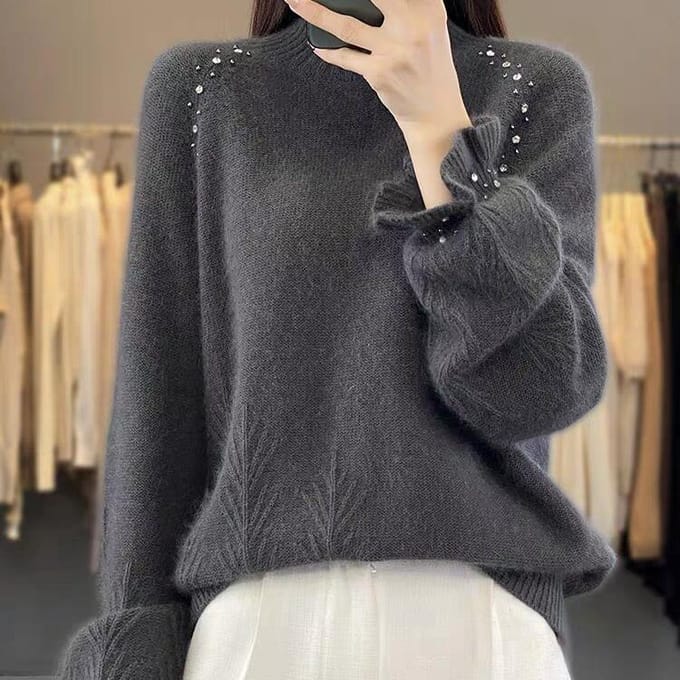 Dames Herfst- en Wintertrui Verdikt Losse Lazy Halfhoge Hals Prinsessenmouw Kasjmier Basis Trui M grijs