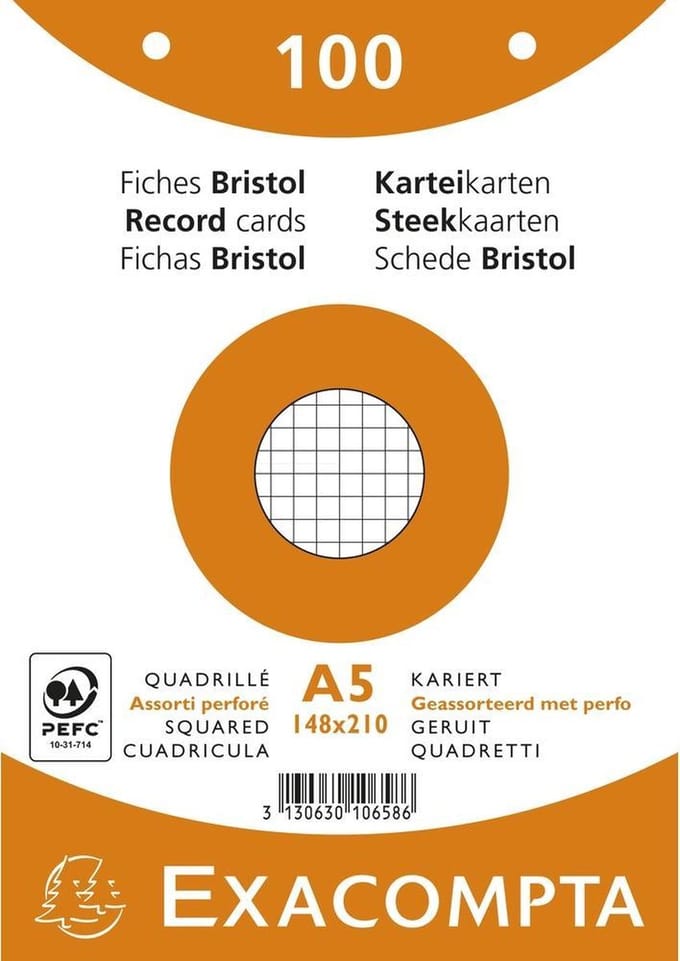 Exacompta Pak 100 steekkaarten in folie - bristol geruit 5x5 geperforeerd - 148x210mm - Geassorteerd - 10658E