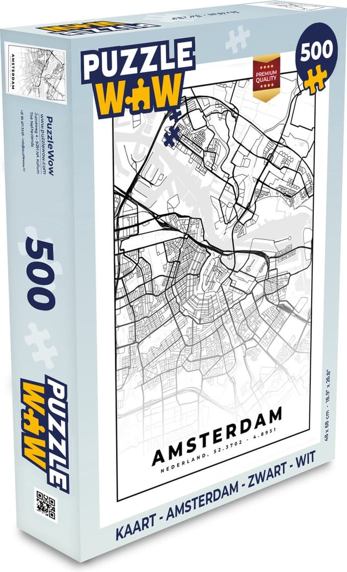 Puzzel Kaart - Amsterdam - Zwart - Wit - Legpuzzel - Puzzel 500 stukjes