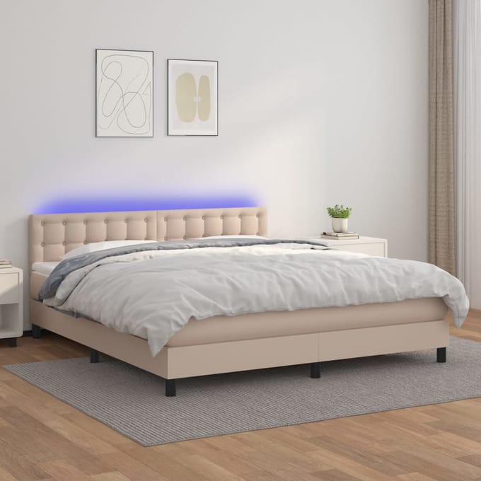 vidaXL - Boxspring - met - matras - en - LED - kunstleer - cappuccinokleur - 160x200cm
