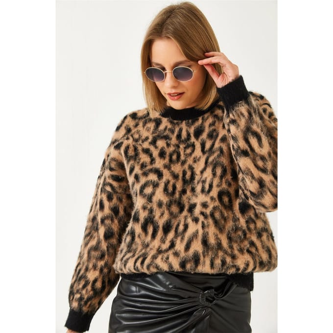 Leopardprint Trui met Ronde Hals