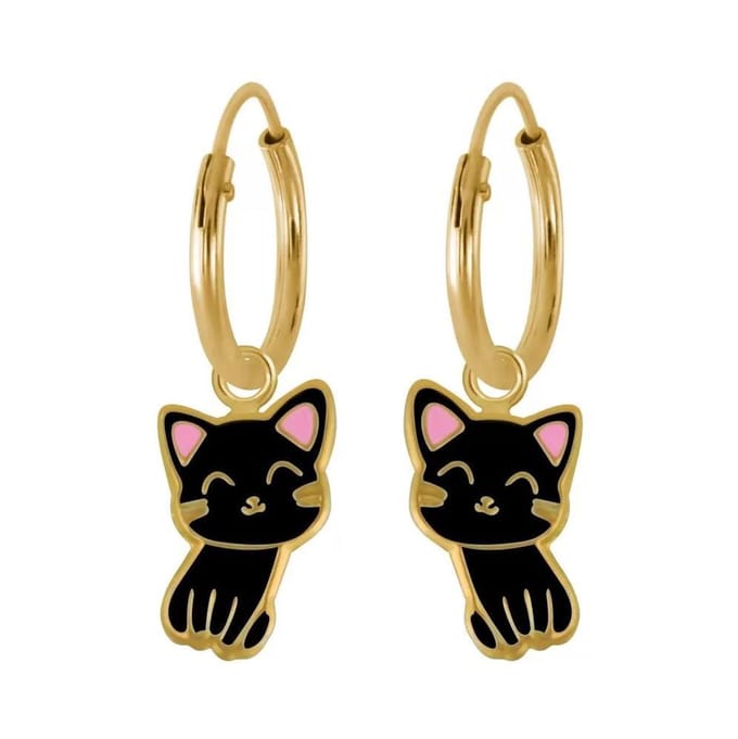 Zilveren kinderoorringen - zwart katje - gold plated - hypoallergeen