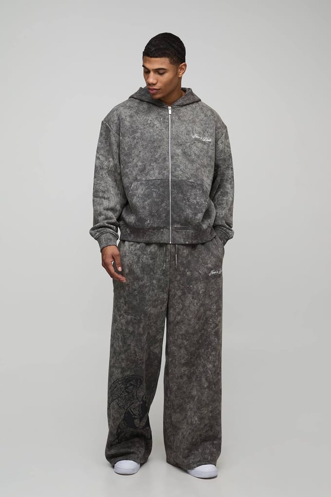 Ruimvallend boxy grafisch gewassen hoodie-trainingspak met ritssluiting | Charcoal | Size Medium