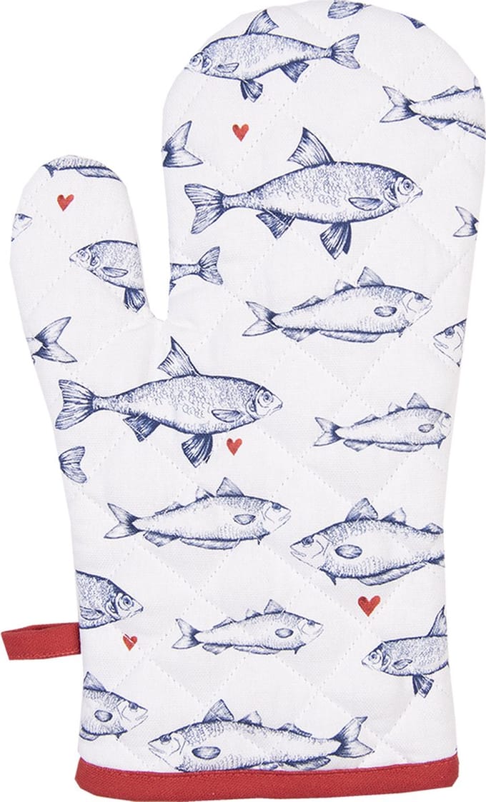 Clayre & Eef Ovenwant 18x30 cm Wit Blauw Katoen Vissen