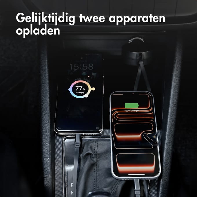 Accezz Autolader met uittrekbare kabels - USB-C / USB-C - 60W - Zwart