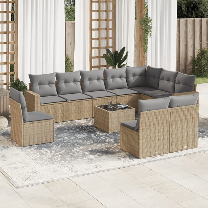vidaXL - 11-delige - Tuinset - met - kussens - poly - rattan - beige