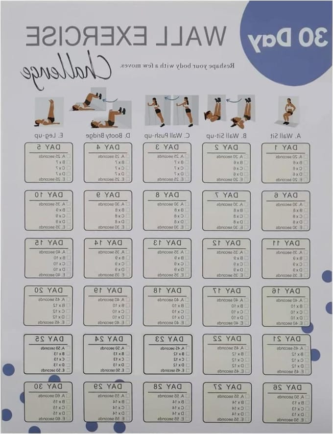 Fitness Poster - Oefenplanner - Thuis Trainen - 30 Dagen Challenge - 28 x 35.6 cm - Engelse Versie