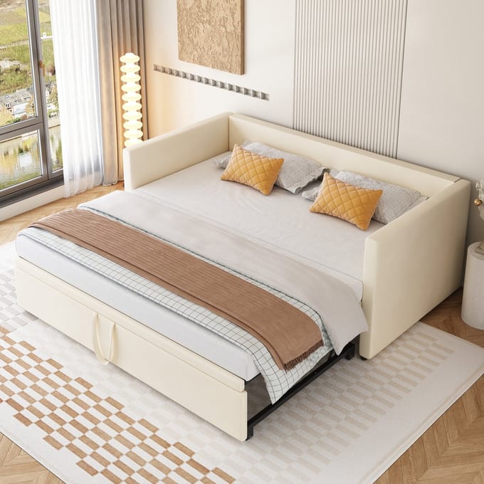 HAUSS SPOLE Gestoffeerd Slaapsofabed 90x200 cm - Uitschuifbaar Zonder Matras - Met Lattenbodem - Fluweel - Beige