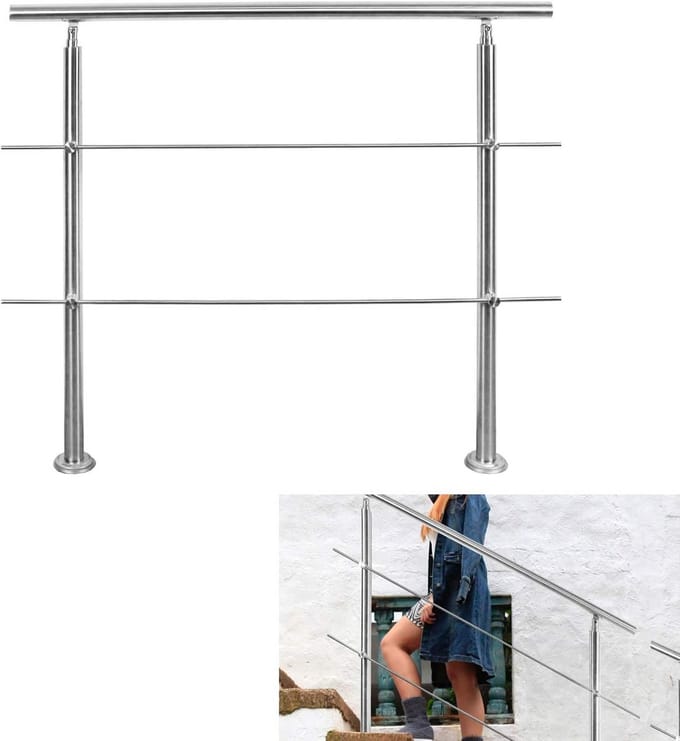 RVS Trapleuning 120 cm met 2 Dwarsstangen voor Trap, Balustrade en Balkon