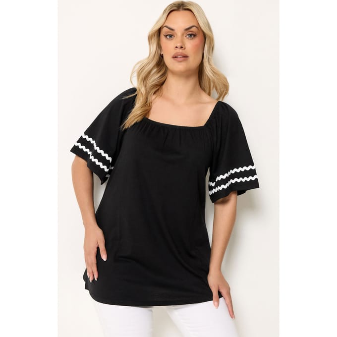 Yours Zwart Tshirt Met Contrasterende Rand En Vierkante Hals Size 42