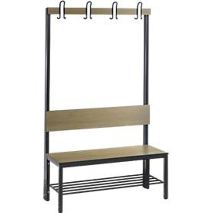 Garderobebank Basic Plus, 1-zijdig, rugleuning, met schoenenrek, onderstel zwartgrijs RAL 7021, B 1000 mm, decor eiken Ser.