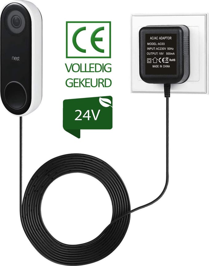 JC's - Transformator geschikt voor Google Nest video deurbel - Adapter geschikt voor Google Nest video deurbel - 24 volt - 5 meter kabel
