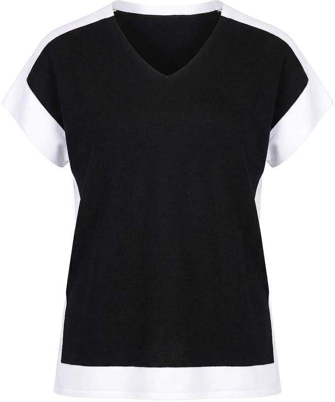 Ulla Popken - Dames - Trui colorblocking-ontwerp V-hals korte mouw - Zwart - Maat 50+