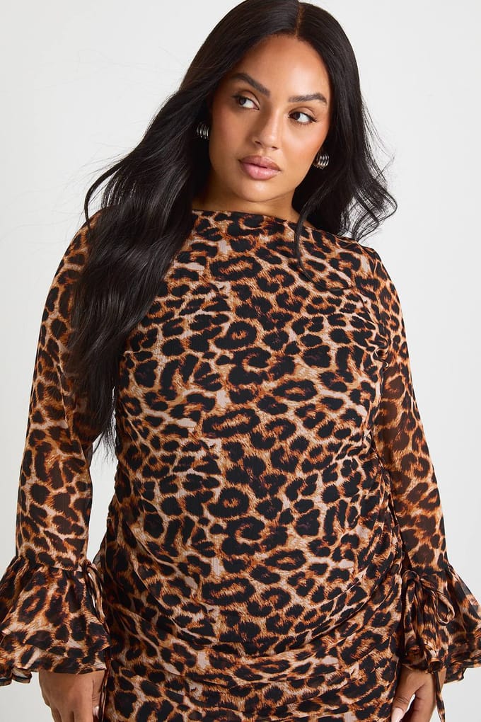 boohoo Dames Plus luipaard chiffon mini-jurk met ruches | Leopard | Maat: 16