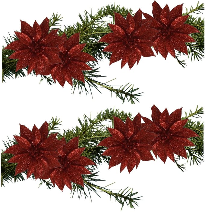 Kerstboomversiering Bloemen - 8x stuks - 9 cm - rood glitter - op clip