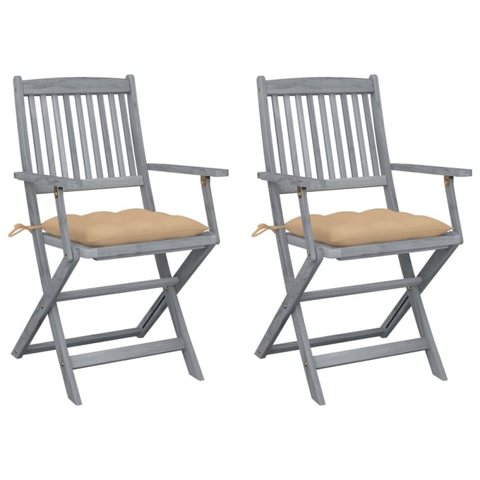 vidaXL - Set - van - 2 - klapstoelen - met - kussens, - gemaakt - van - massief - acaciahout.