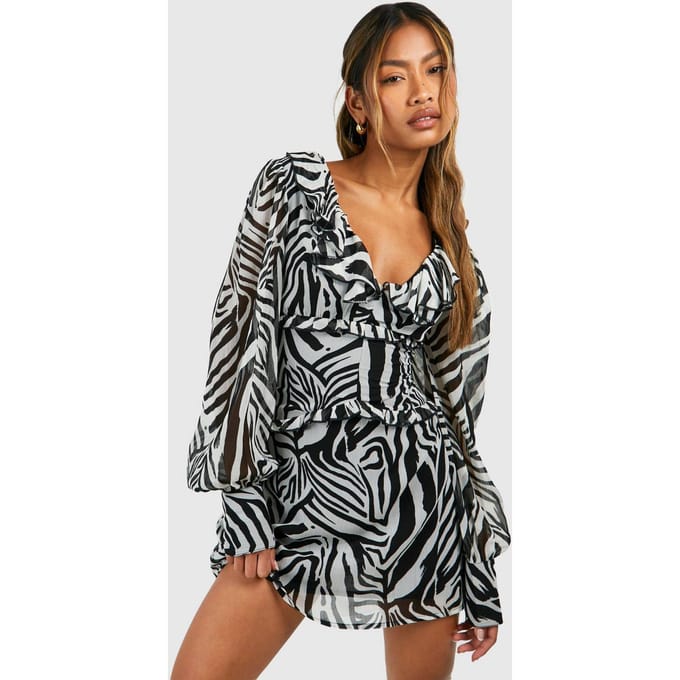 boohoo Dames Zebra Chiffon Ruffle Skater Jurk | Maat: 8
