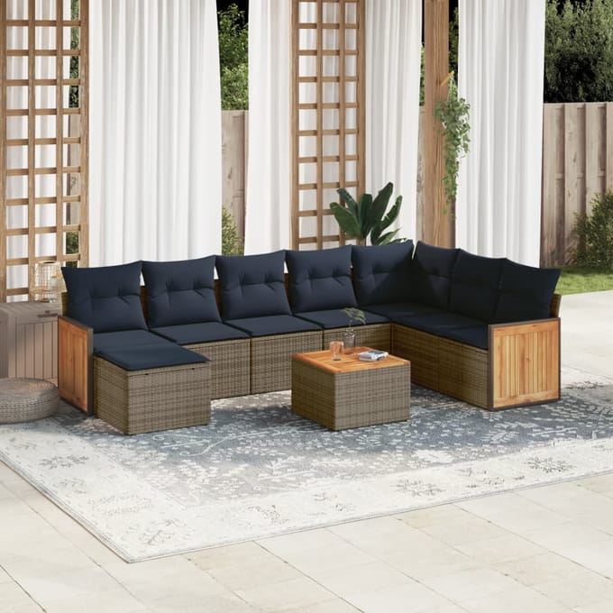 vidaXL - 9-delige - tuinbankset - met - kussens, - grijs - polyrotan