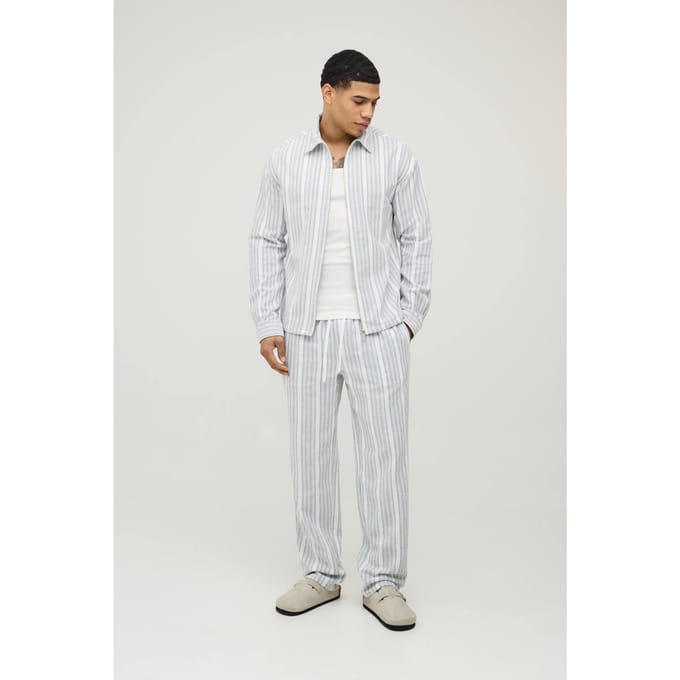 Geweven Gestreept Regular Zip-up Shirt Met Lange Mouwen & Straight Fit Broek Set | Navy | Size Medium