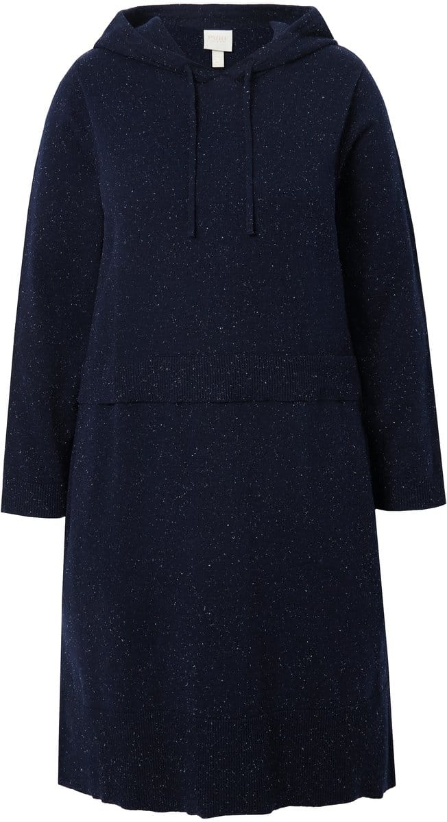 Ulla Popken - Dames - Gebreide jurk noppen capuchon lange mouwen - Marine - Maat 46+