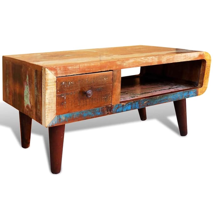 vidaXL - Salontafel - met - 1 - gewelfde - rand - en - 1 - lade - gerecycled - hout