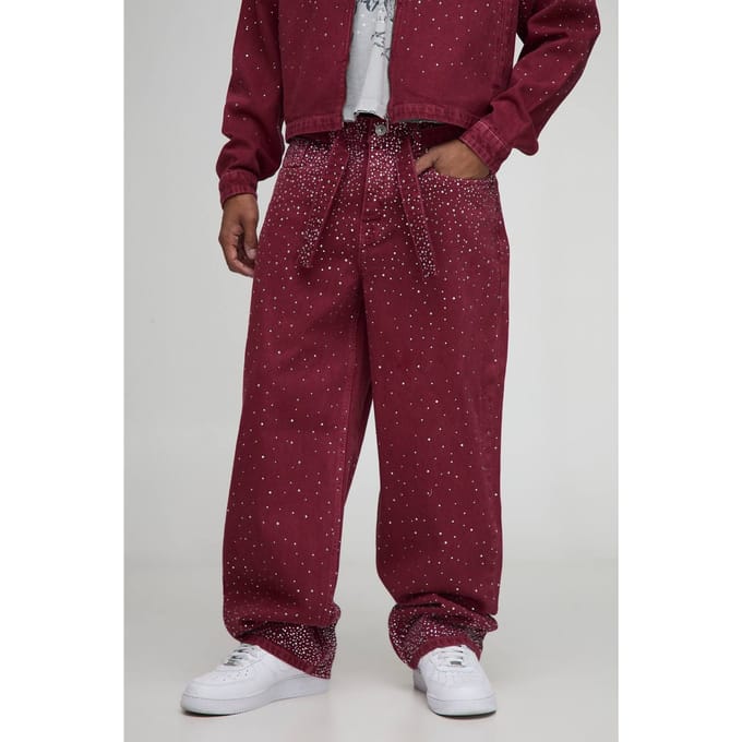 Relaxte pasvorm met ceintuur, strass versierd, rood gewassen jeans | Red | Size 32R