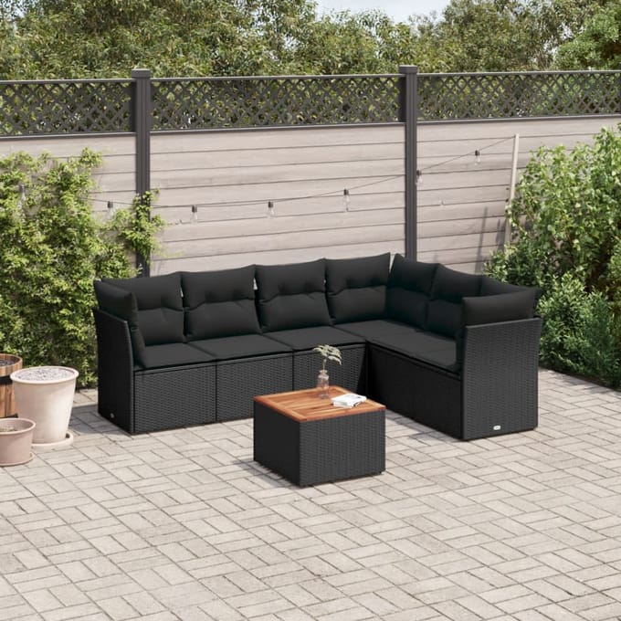 vidaXL - 7-delige - Loungeset - met - kussens - poly - rattan - zwart