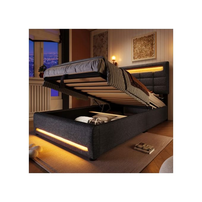 Lit rembourré - MUVOE - 90x200 cm - Gris - Support hydraulique - Télécommande APP gris