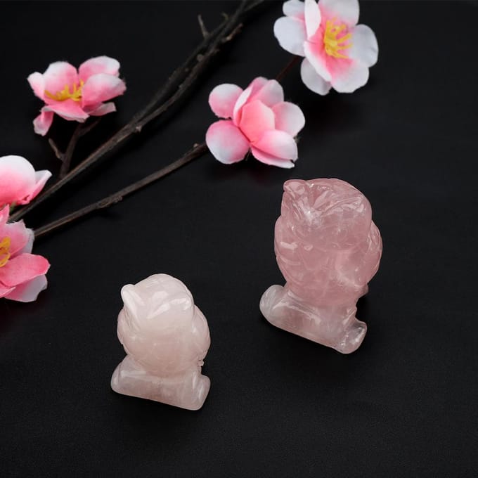 Rose Quartz Carved Owl shaped Decor Pink Crystal Healing Stone Gemstone Decoration (1.5in) white