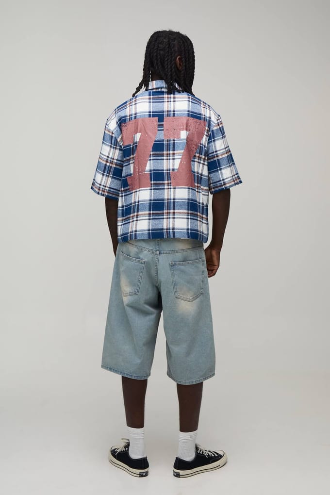 Oversized Boxy Overhemd Met Korte Mouwen En Gewassen Varsity Ruitpatroon | Navy | Size Medium
