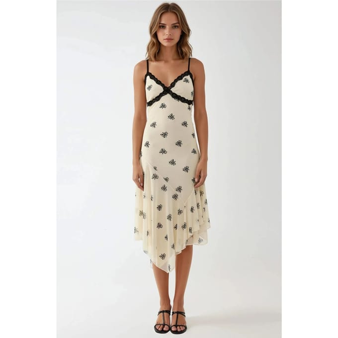V-hals Gedrukte Bodycon Maxi Jurk met Kantdetails