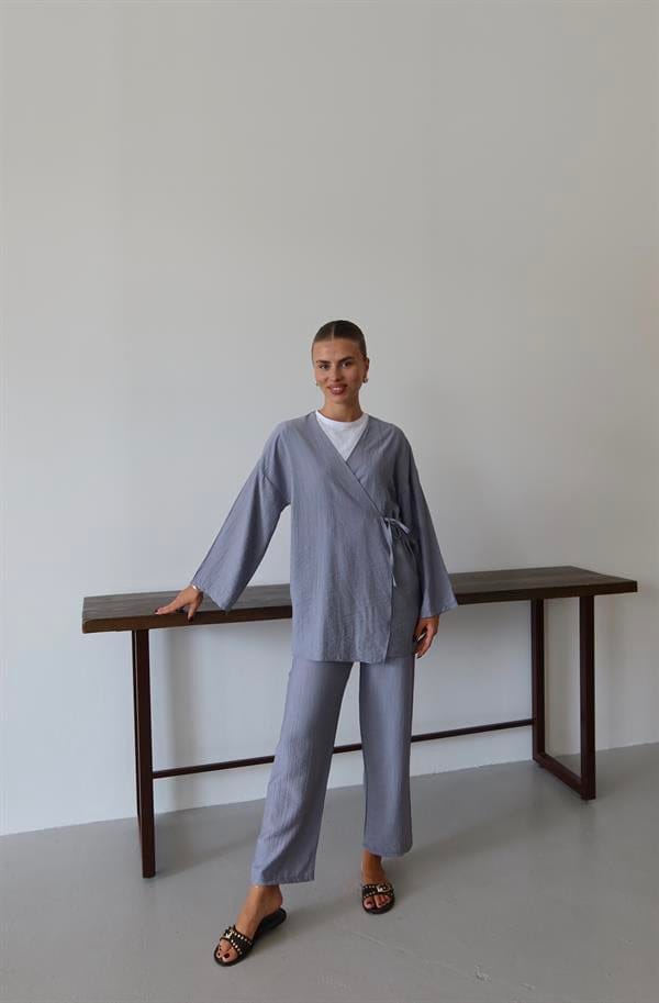 Kreukellook Textured Kimono Pak Grijs
