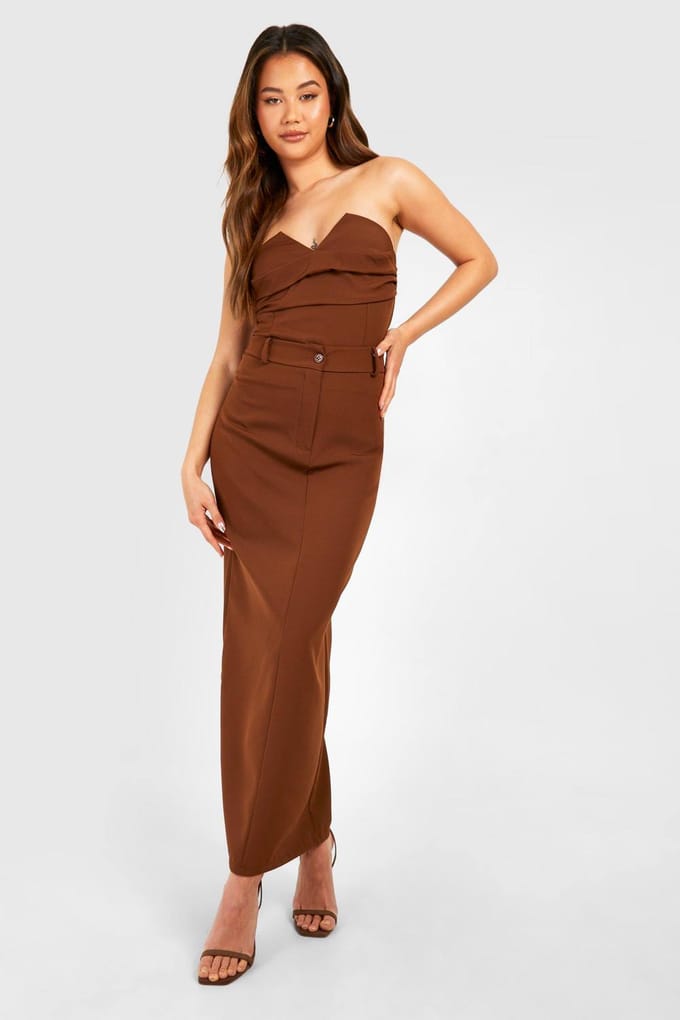 boohoo Dames Column Midaxi Rok | Chocoladebruin | Maat: 34