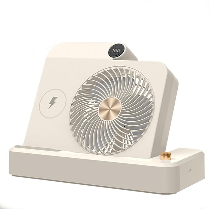 Bureauventilator - Persoonlijke ventilator met draadloos opladen - Instelbare windsnelheid - Kantelbare voet - Digitaal display, unisex campingventilator - gebroken wit