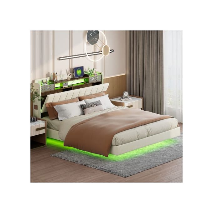 Lit rembourré - MUVOE - 160x200 cm - Éclairage LED - Prise USB - Tissu lin beige