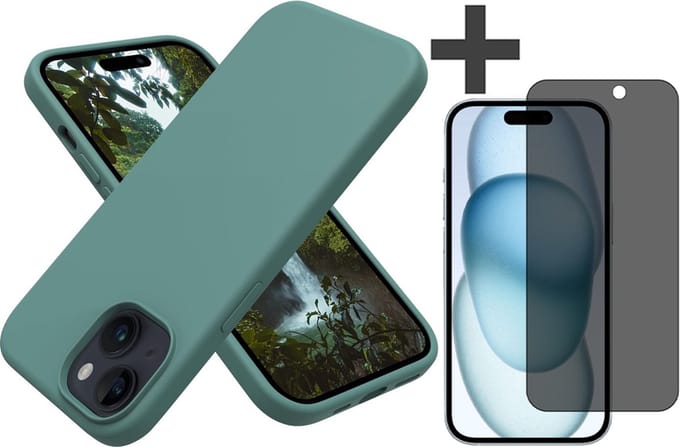 Hoesje met Privacy Screenprotector Geschikt voor iPhone 15 Plus Hoesje Siliconen - liquid case - Arara Backcover - Groen