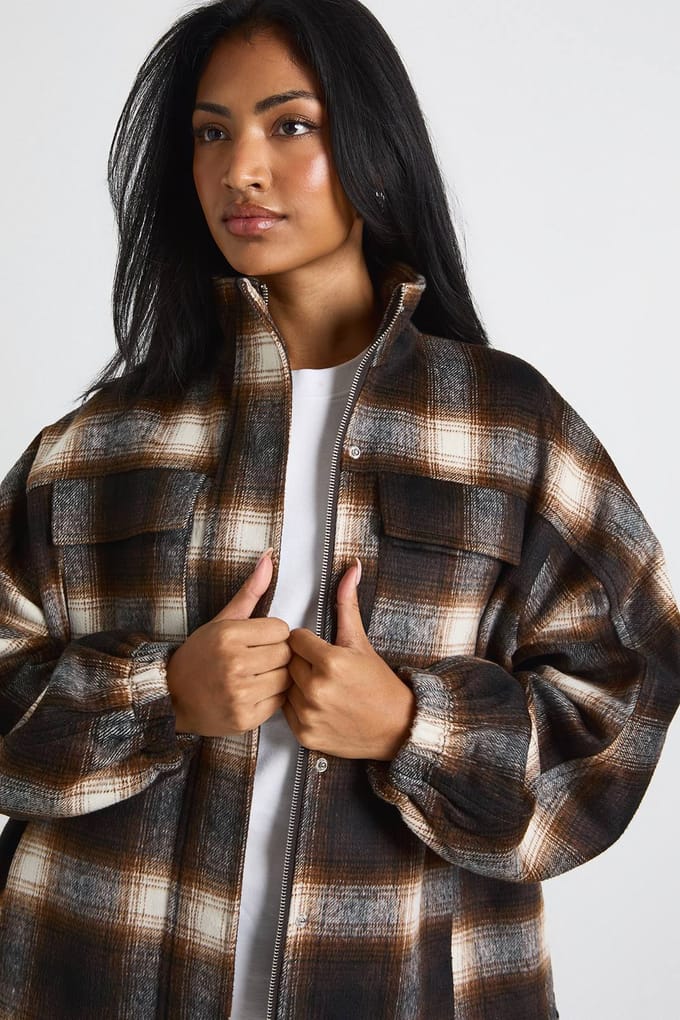 boohoo Dames Bekijk Funnel Neck Wool Look Bomber Jacket | Bruin | Maat: 42