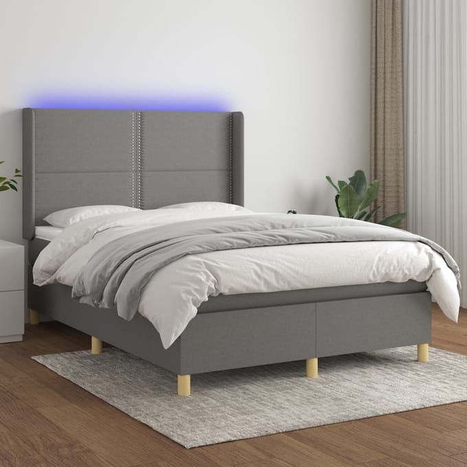 vidaXL - Boxspring - met - matras - en - LED - stof - donkergrijs - 140x190 - cm