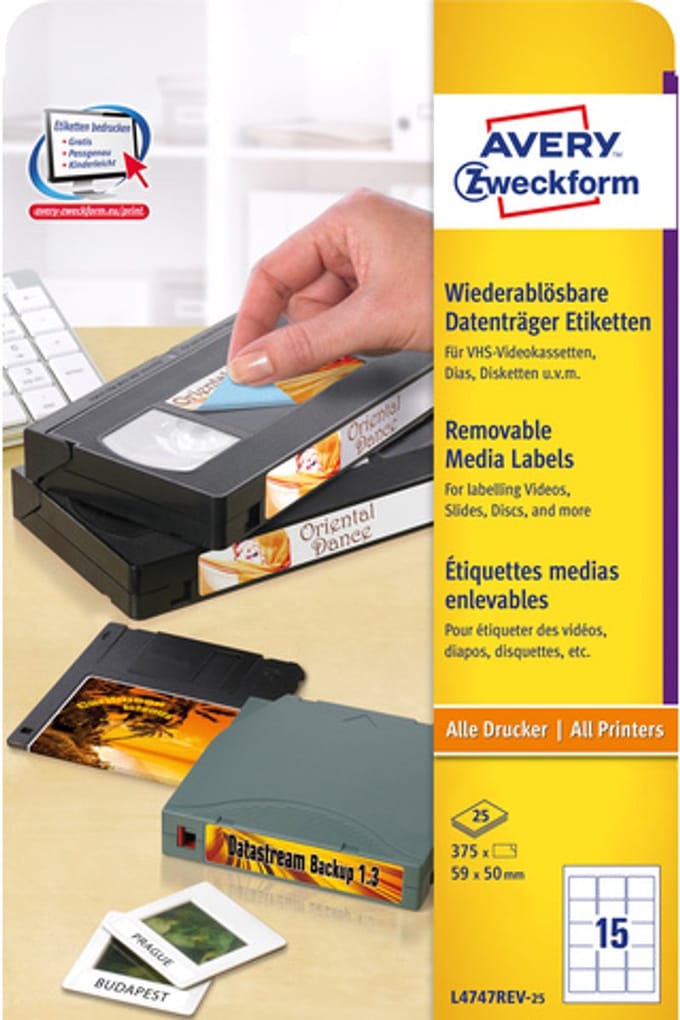 Diskette etiket Avery 59x50mm - wit NP doos 25 vel 15 et. per