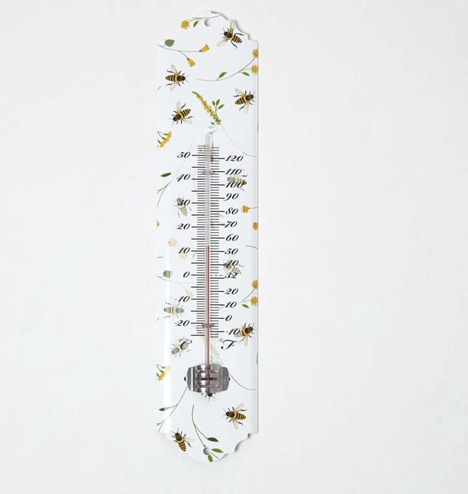 Homescapes binnen- en buitenthermometer wit met bijenprint